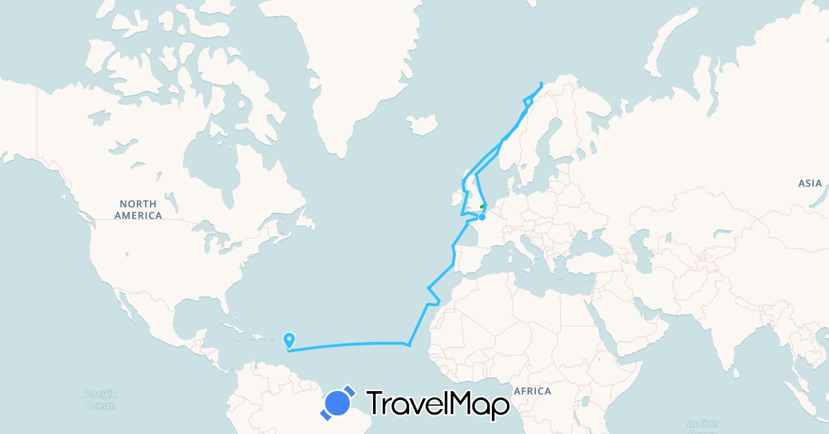 TravelMap itinerary: driving, bus, boat in Cape Verde, Dominica, Spain, France, United Kingdom, Guadeloupe, Isle of Man, Martinique, Norway, Portugal (Africa, Europe, North America)